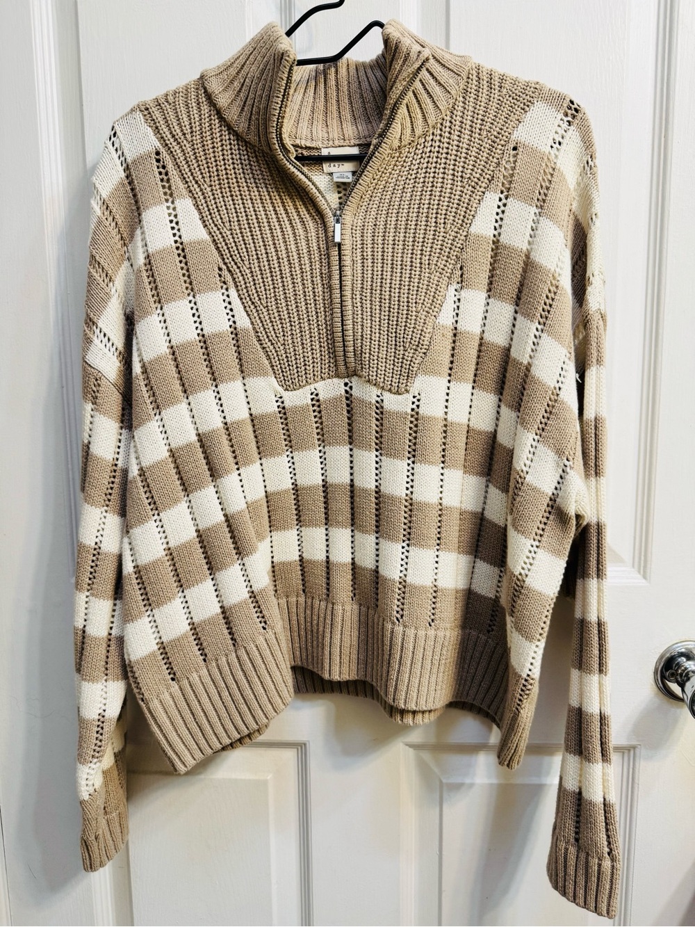 A New Day Beige & White Striped Quarter-Zip Knit Sweater